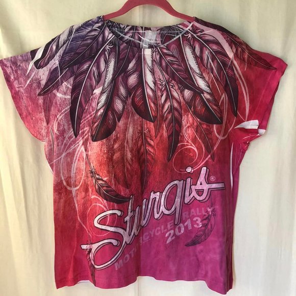 Size 1X Ladies 2013 Sturgis Purple/Pink Feather Top - Picture 1 of 6